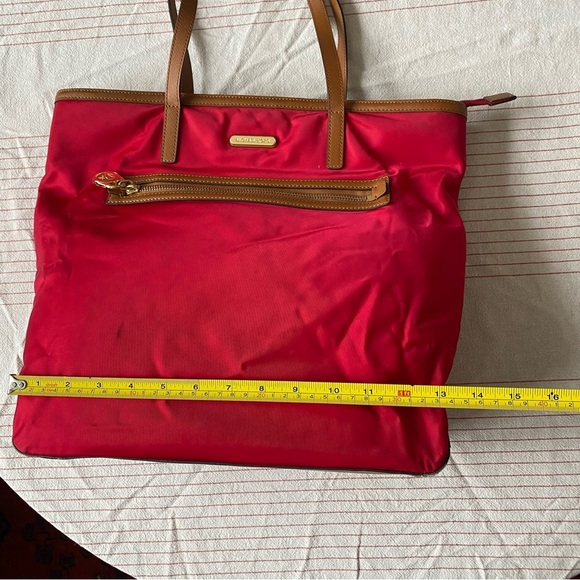 Michael Kors Red Tote Bag with Tan Leather Accents gold accents - Picture 7 of 11